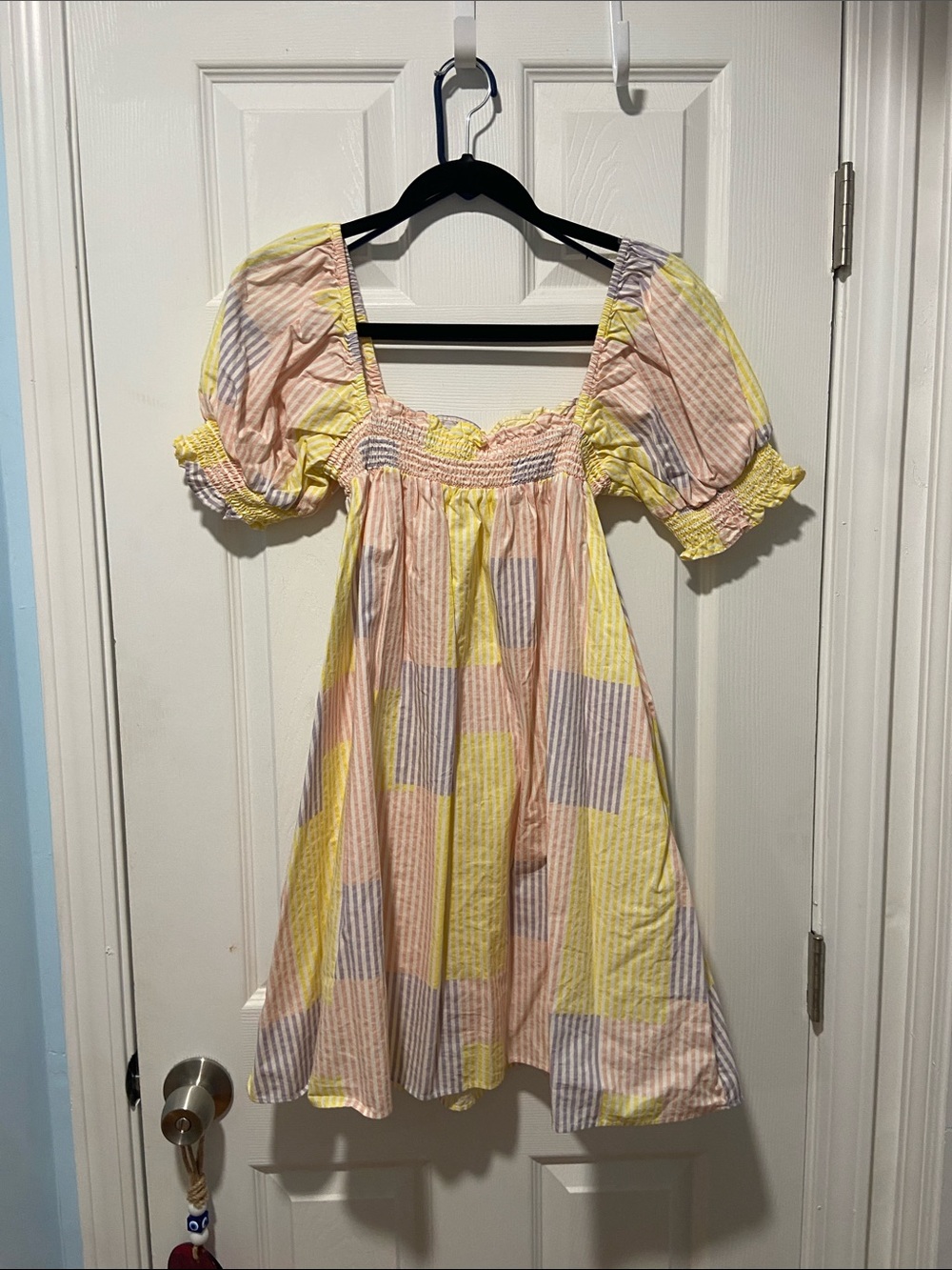 Urban Outfitters Pastel Patchwork Puff-Sleeve Dress - Yellow, Pink, Lavender